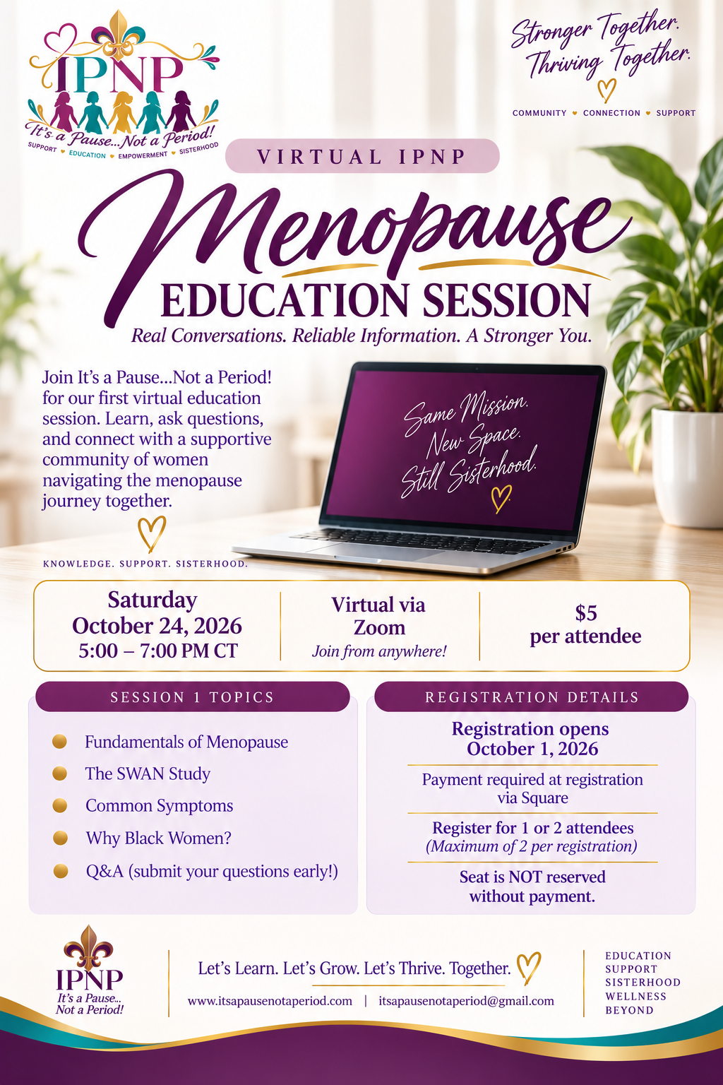 Final approved flyer for the Virtual IPNP Menopause Education Session on October 24, 2026.